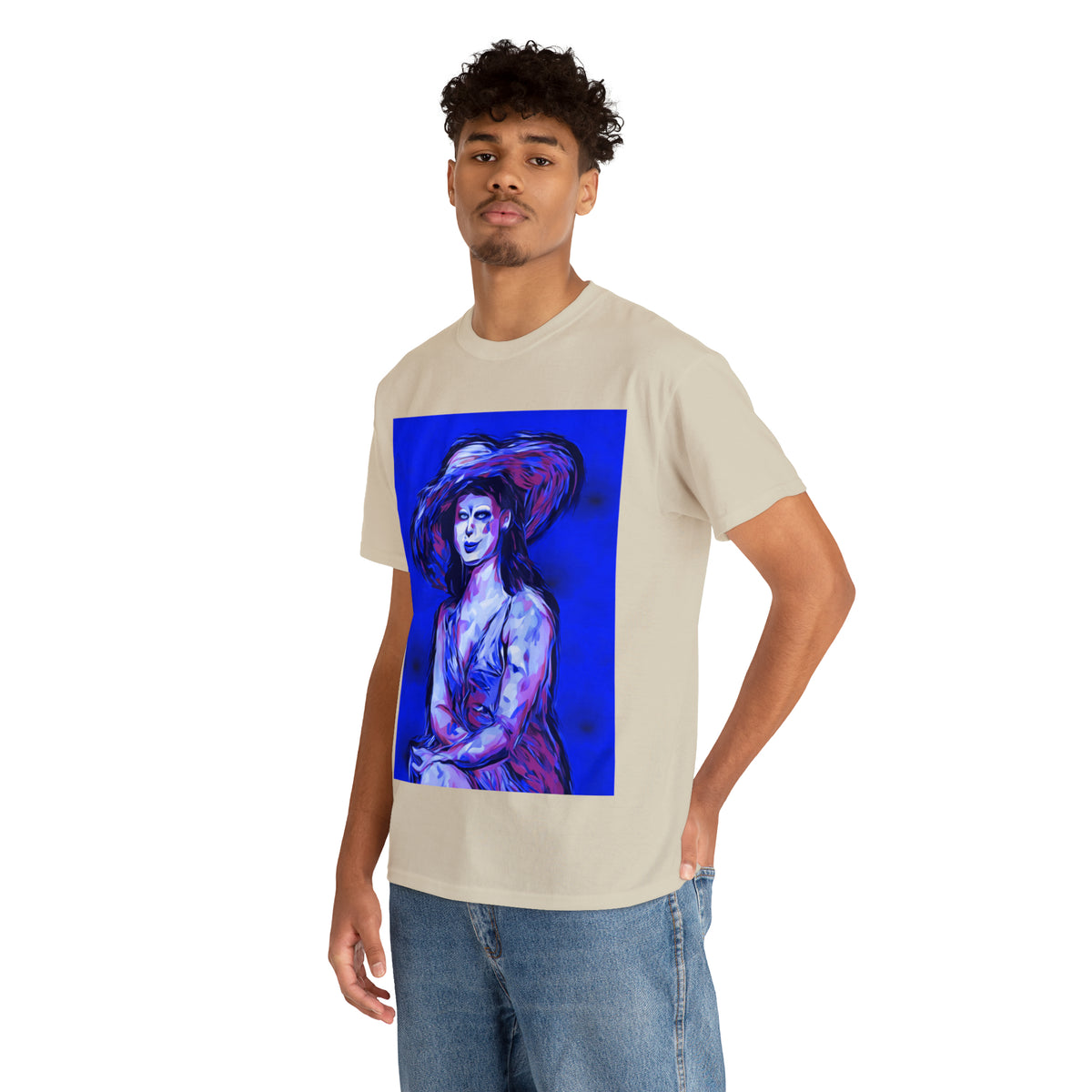 LADY IN SUN HAT (Blue) - Airt on a Shirt - Unisex Heavy Cotton Tee - AUS