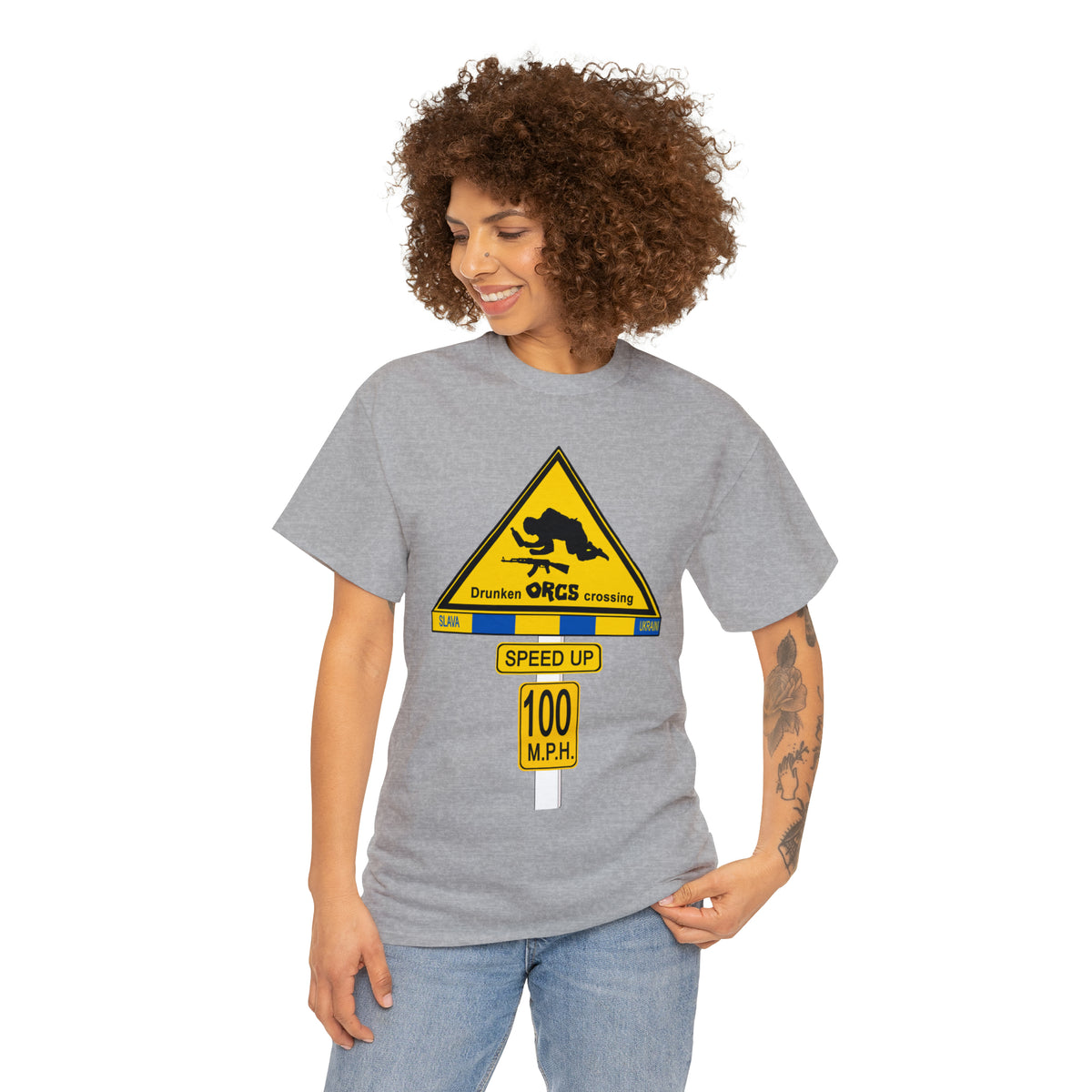 DRU**** ORCS CROSSING ROAD SIGN 100 MPH - Unisex Heavy Cotton Tee - USA
