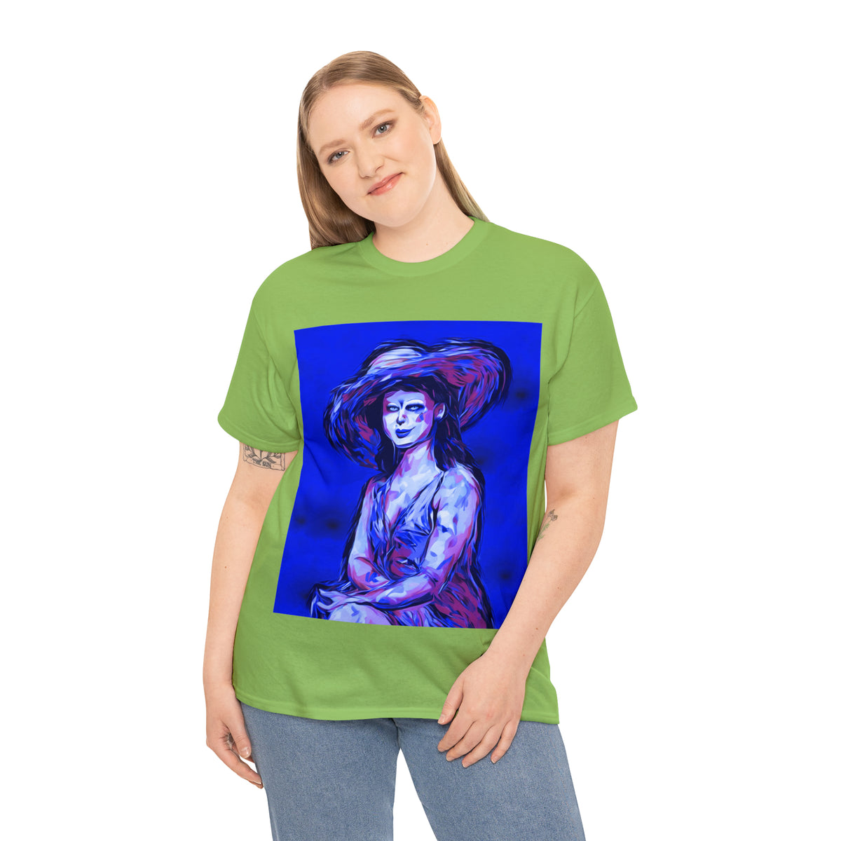 LADY IN SUN HAT (Blue) - Airt on a Shirt  - Unisex Heavy Cotton Tee - AUS