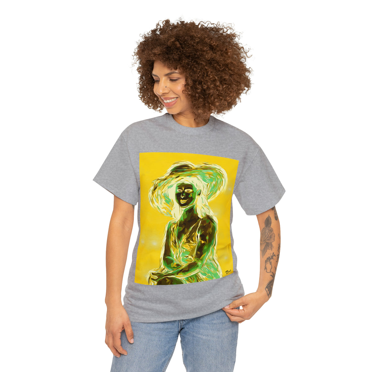 LADY IN SUN HAT (an Inversion in Blue) - Airt on a Shirt  - Unisex Heavy Cotton Tee - AUS