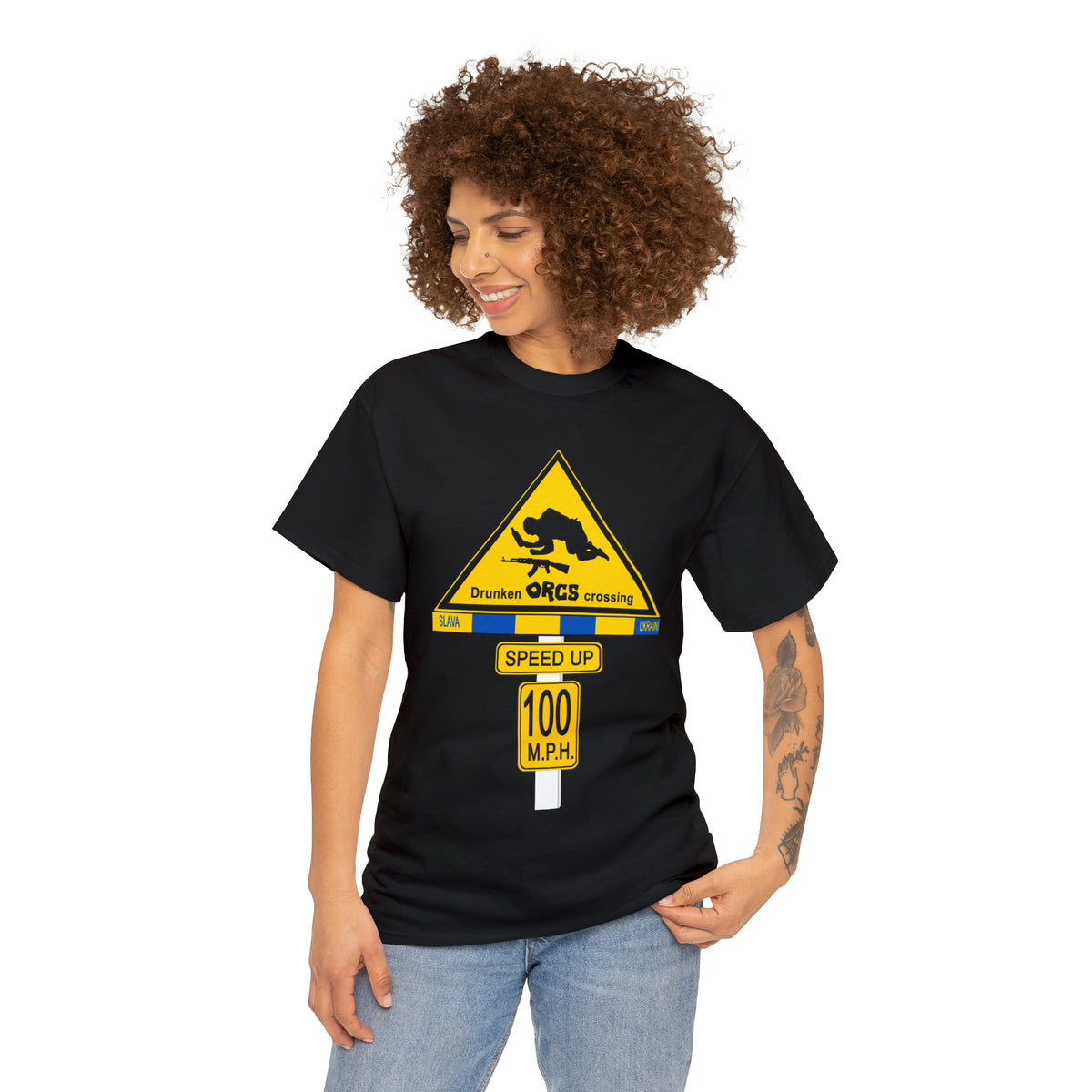 DRU**** ORCS CROSSING ROAD SIGN 100 MPH - Unisex Heavy Cotton Tee - USA