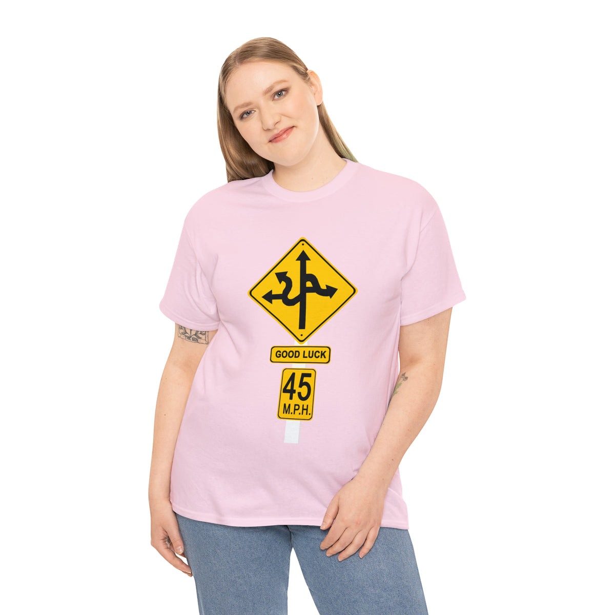 CRAZY FUNNY GOOD LUCK ROAD SIGN 45 MPH - Unisex Heavy Cotton Tee - USA