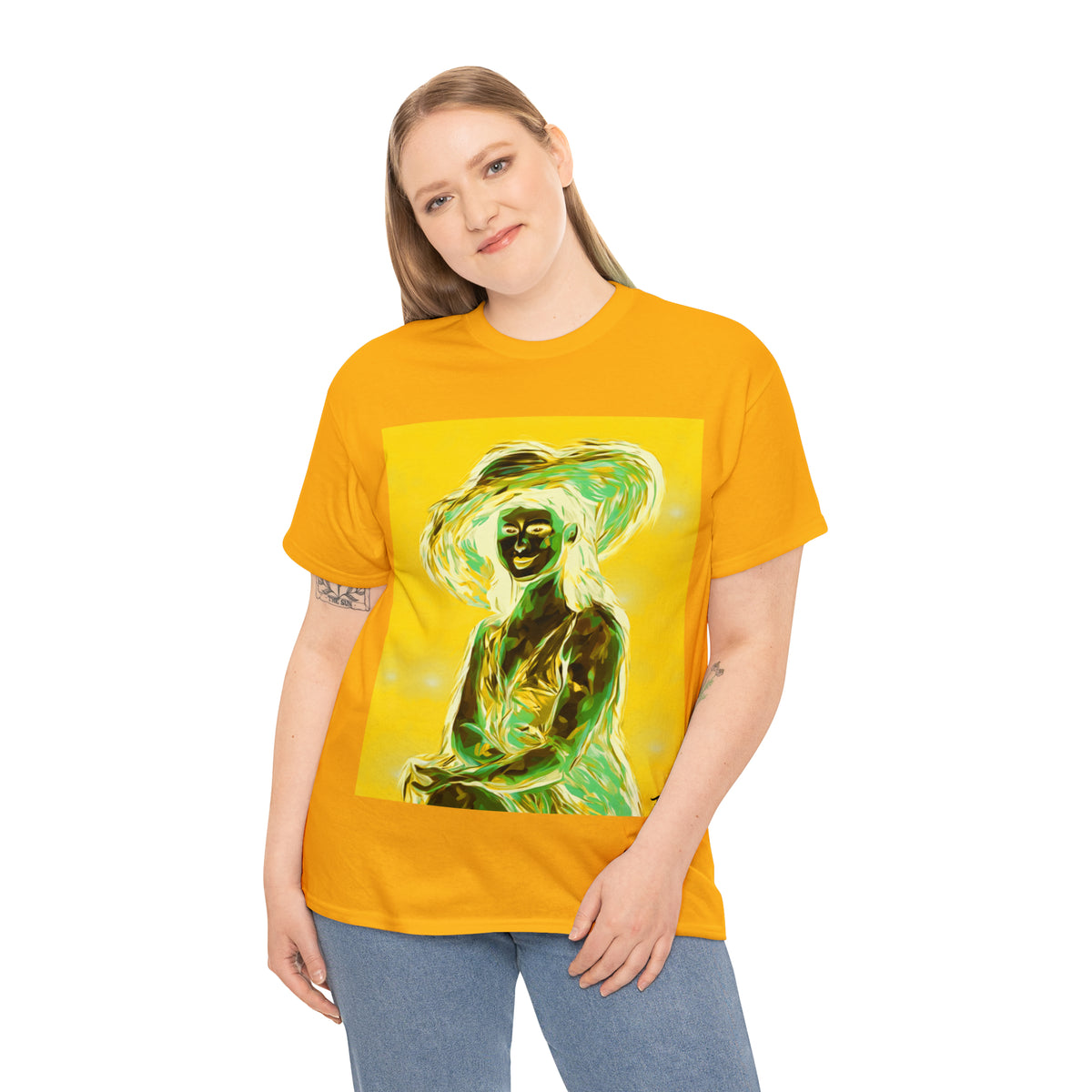 LADY IN SUN HAT (an Inversion in Blue) - Airt on a Shirt  - Unisex Heavy Cotton Tee - AUS