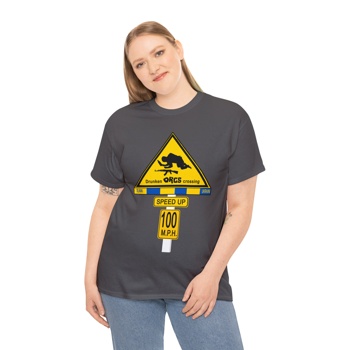 DRU**** ORCS CROSSING ROAD SIGN 100 MPH - Unisex Heavy Cotton Tee - USA