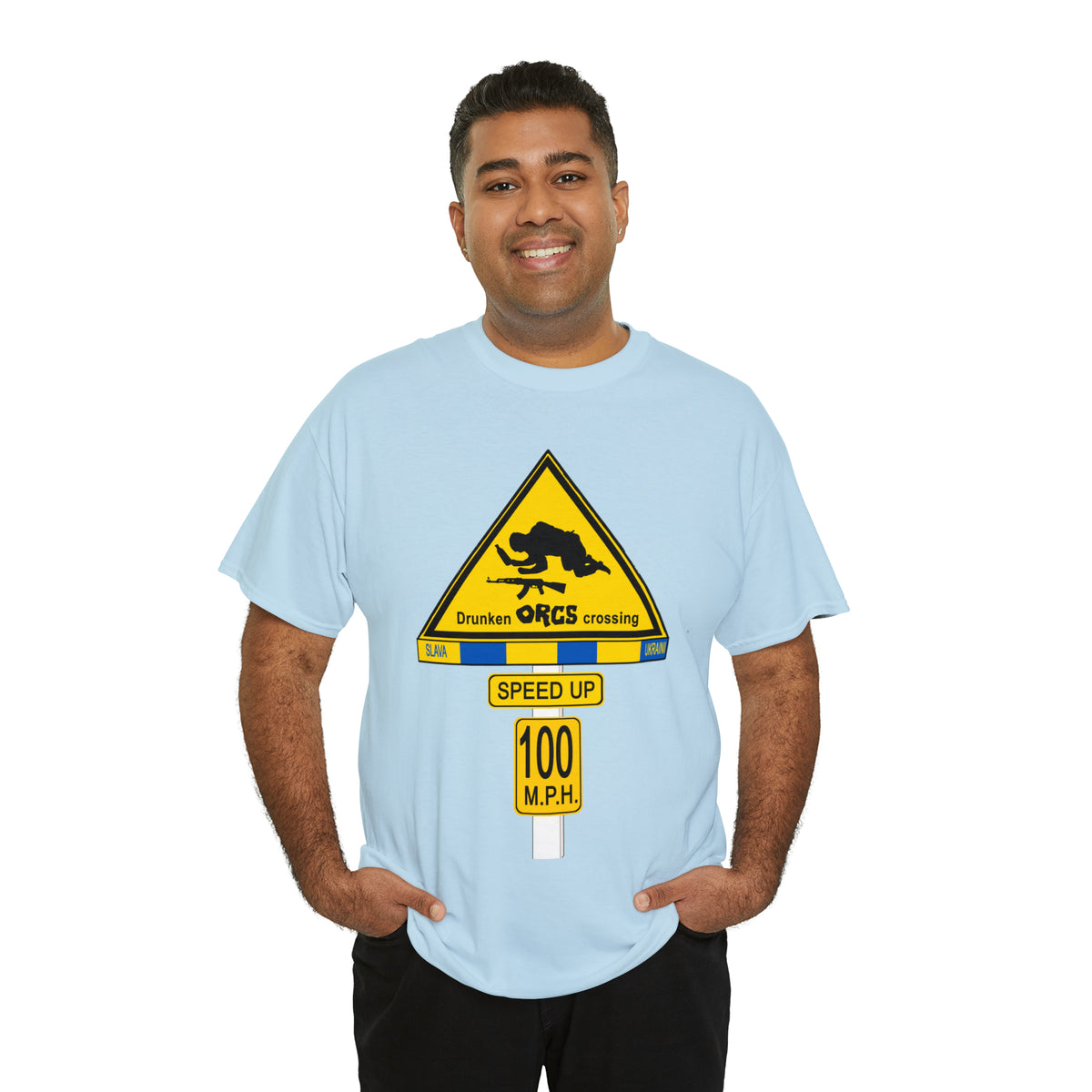 DRU**** ORCS CROSSING ROAD SIGN 100 MPH - Unisex Heavy Cotton Tee - USA