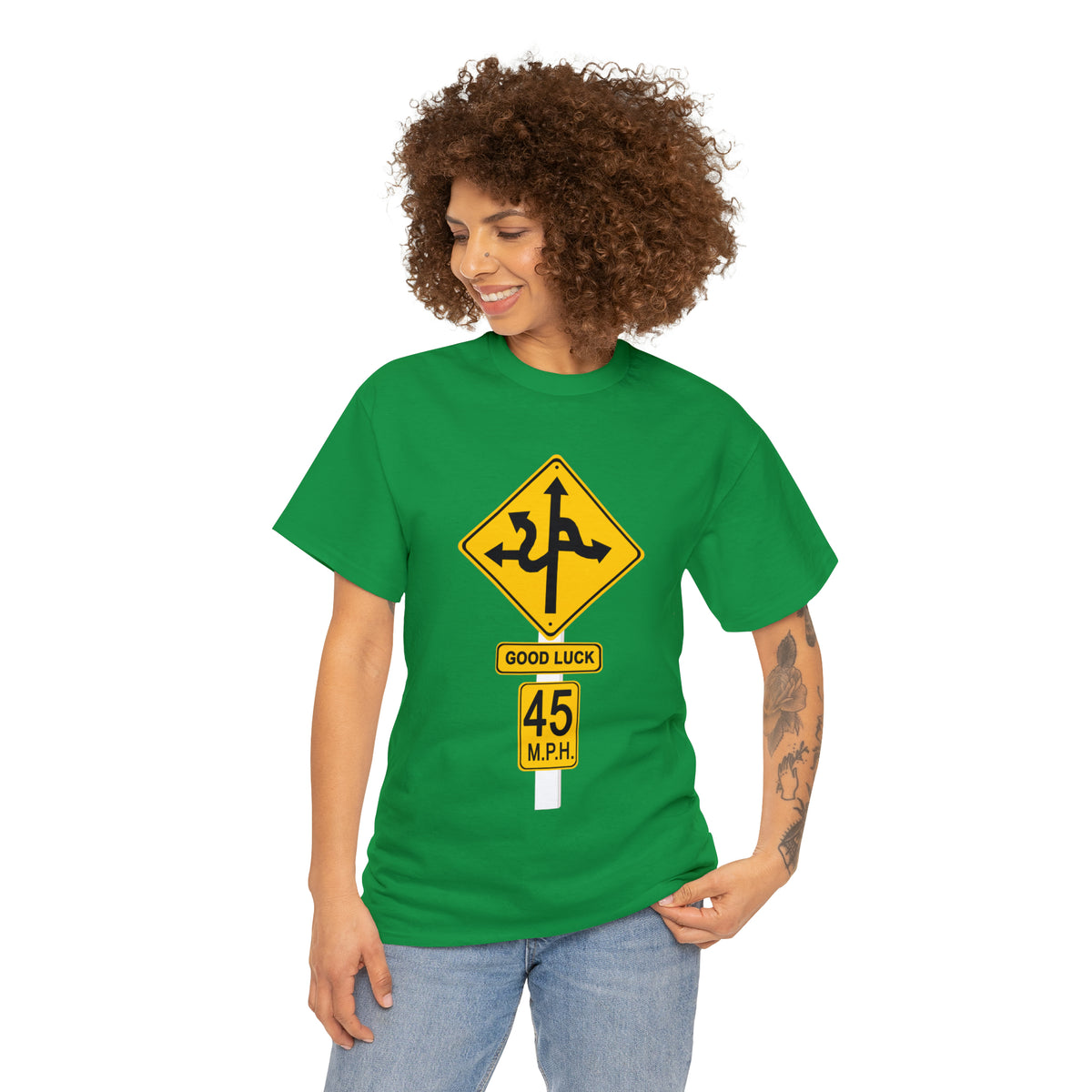 CRAZY FUNNY GOOD LUCK ROAD SIGN 45 MPH - Unisex Heavy Cotton Tee - USA