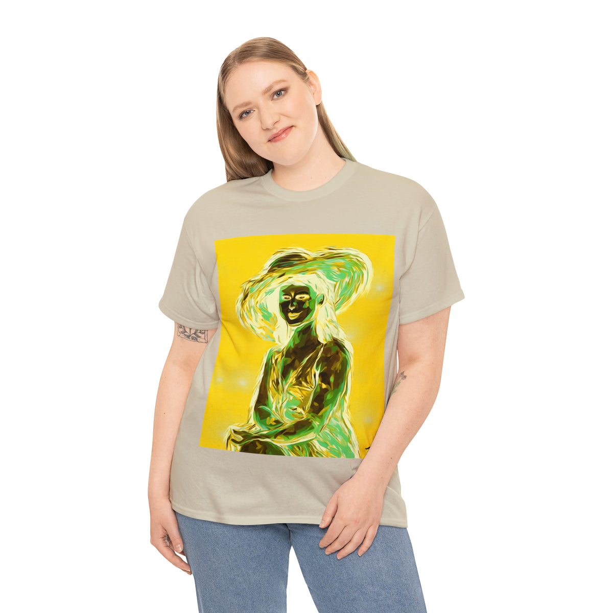 LADY IN SUN HAT (an Inversion in Blue) - Airt on a Shirt  - Unisex Heavy Cotton Tee - AUS