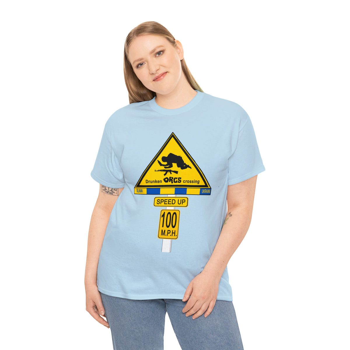DRU**** ORCS CROSSING ROAD SIGN 100 MPH - Unisex Heavy Cotton Tee - USA