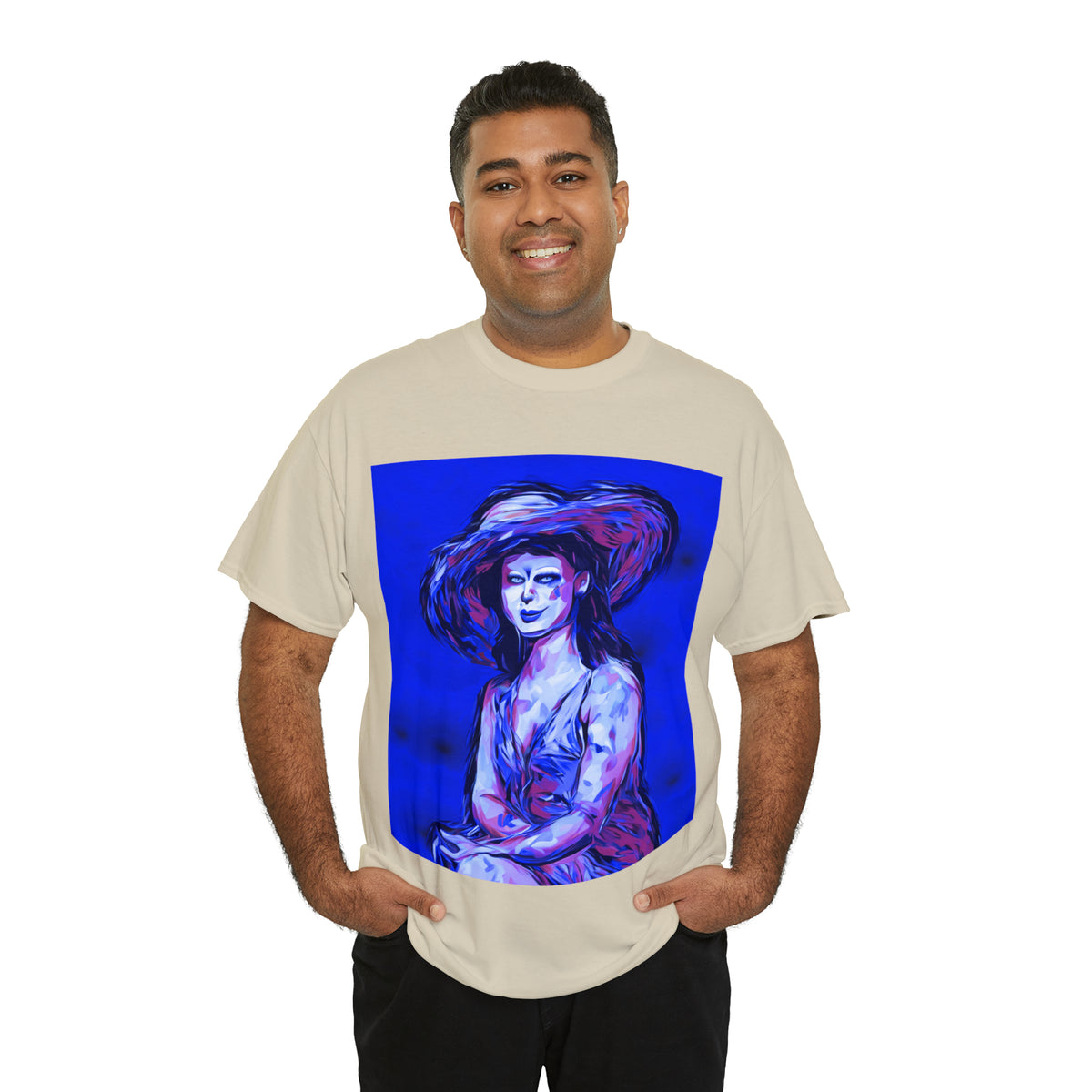 LADY IN SUN HAT (Blue) - Airt on a Shirt  - Unisex Heavy Cotton Tee - AUS