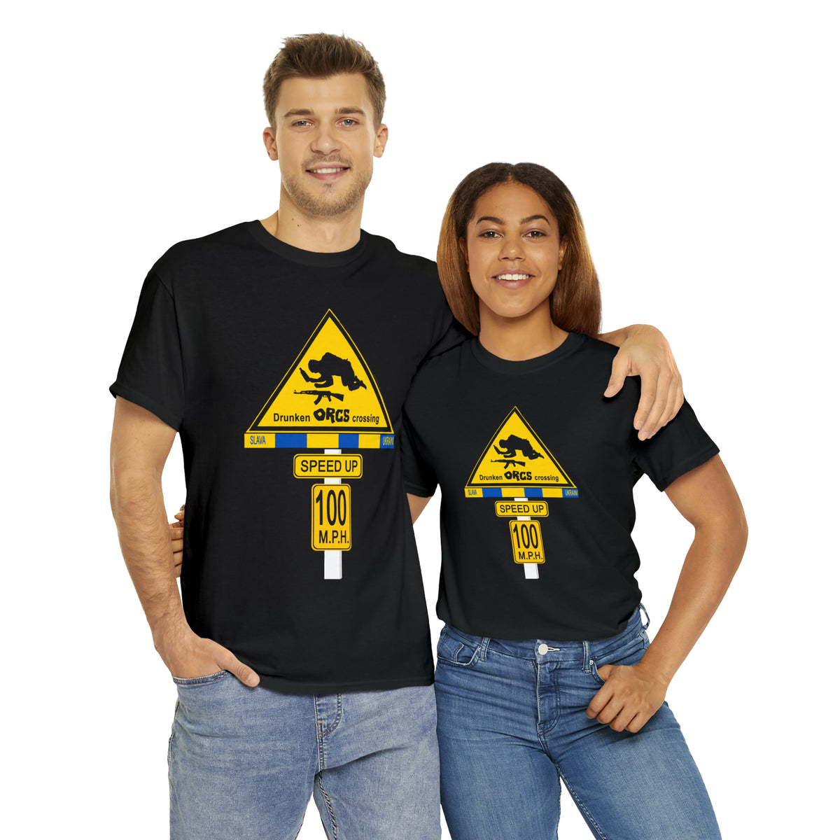 DRU**** ORCS CROSSING ROAD SIGN 100 MPH - Unisex Heavy Cotton Tee - USA