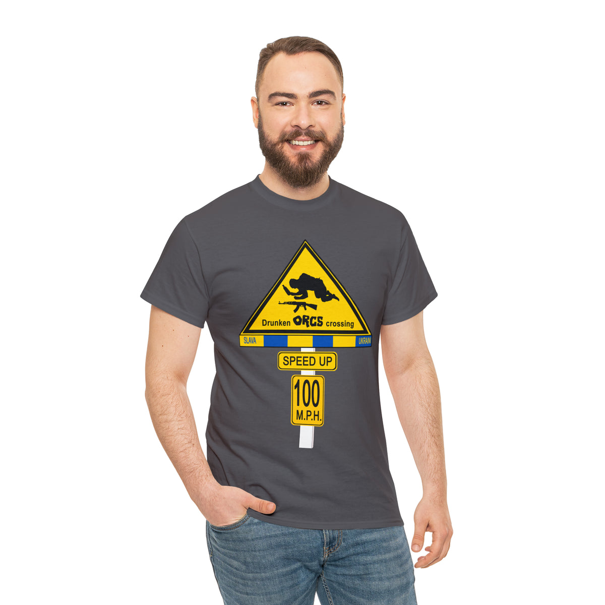 DRU**** ORCS CROSSING ROAD SIGN 100 MPH - Unisex Heavy Cotton Tee - USA