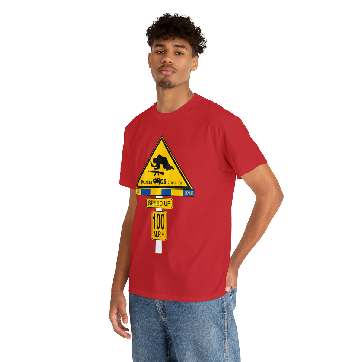 DRU**** ORCS CROSSING ROAD SIGN 100 MPH - Unisex Heavy Cotton Tee - USA