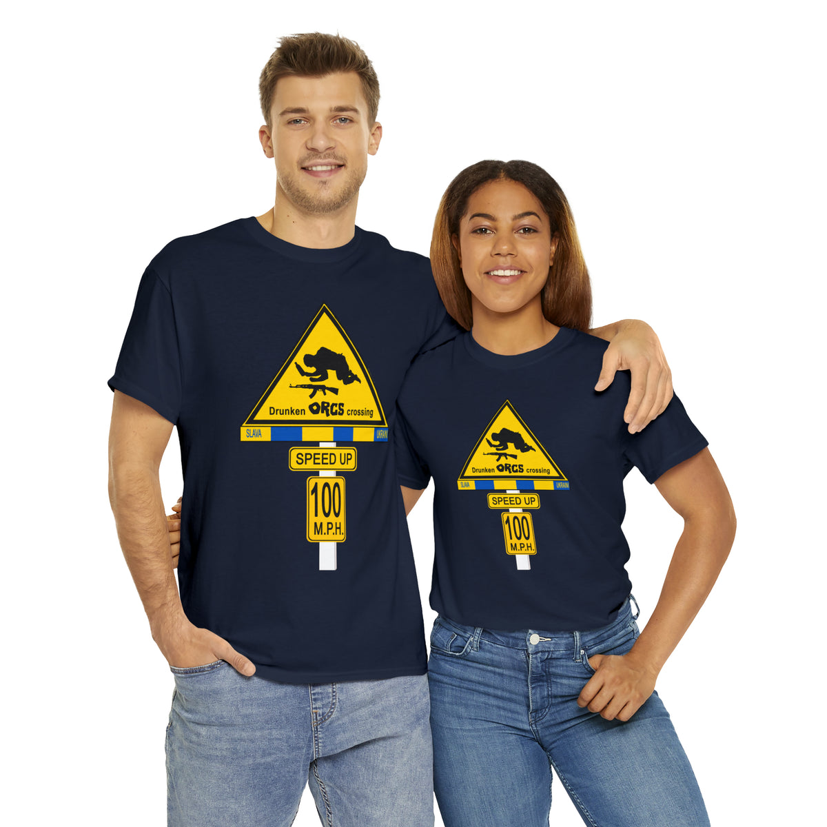 DRU**** ORCS CROSSING ROAD SIGN 100 MPH - Unisex Heavy Cotton Tee - USA