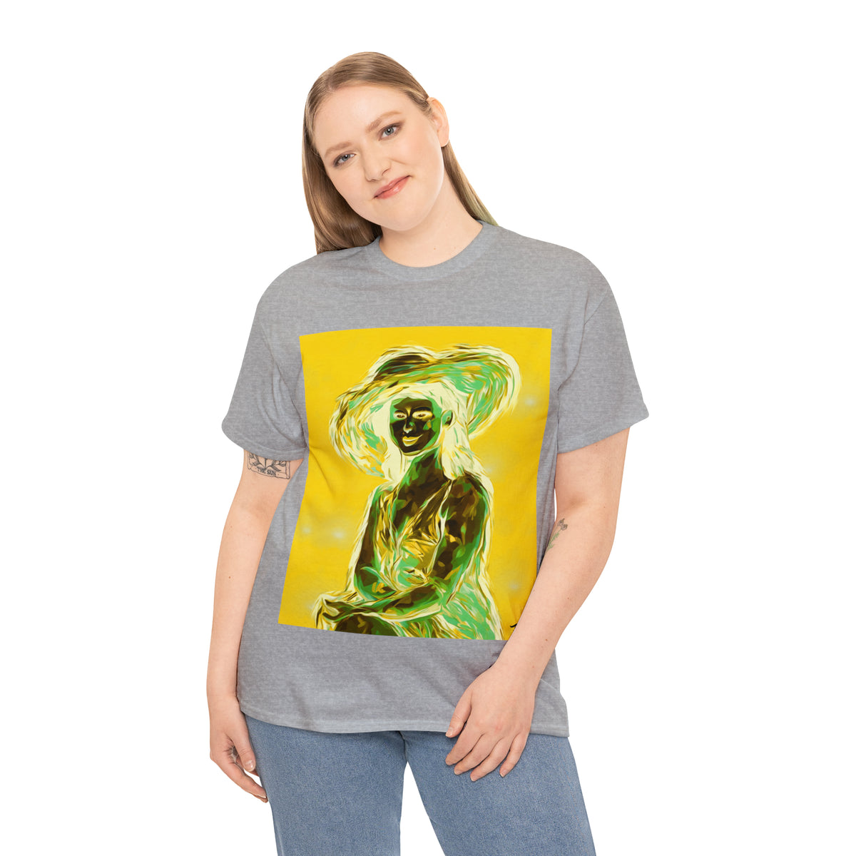 LADY IN SUN HAT (an Inversion in Blue) - Airt on a Shirt  - Unisex Heavy Cotton Tee - AUS
