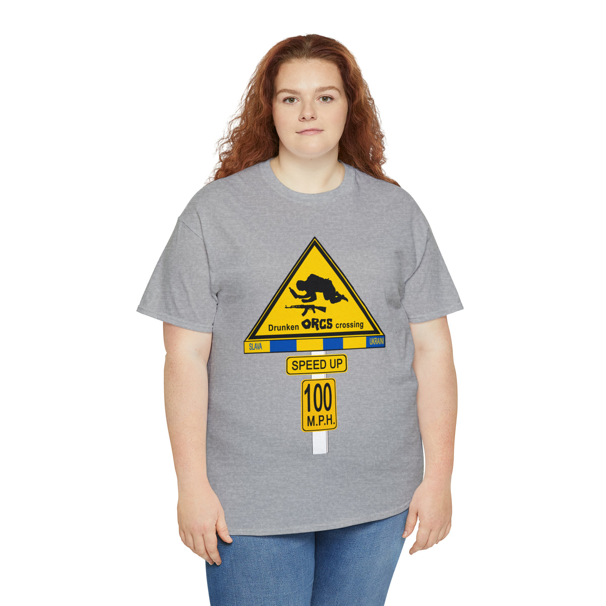 DRU**** ORCS CROSSING ROAD SIGN 100 MPH - Unisex Heavy Cotton Tee - USA