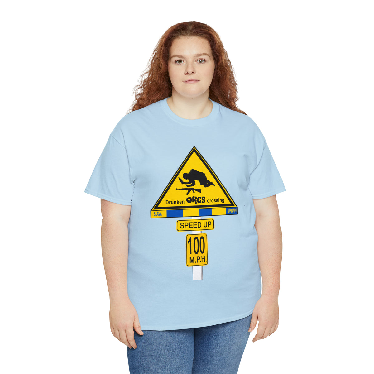 DRU**** ORCS CROSSING ROAD SIGN 100 MPH - Unisex Heavy Cotton Tee - USA