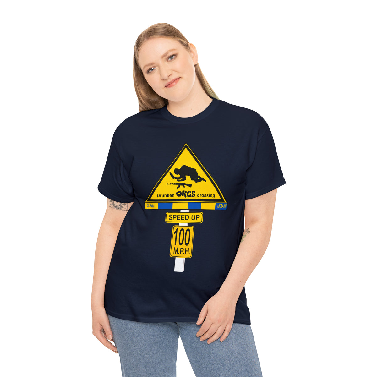 DRU**** ORCS CROSSING ROAD SIGN 100 MPH - Unisex Heavy Cotton Tee - USA