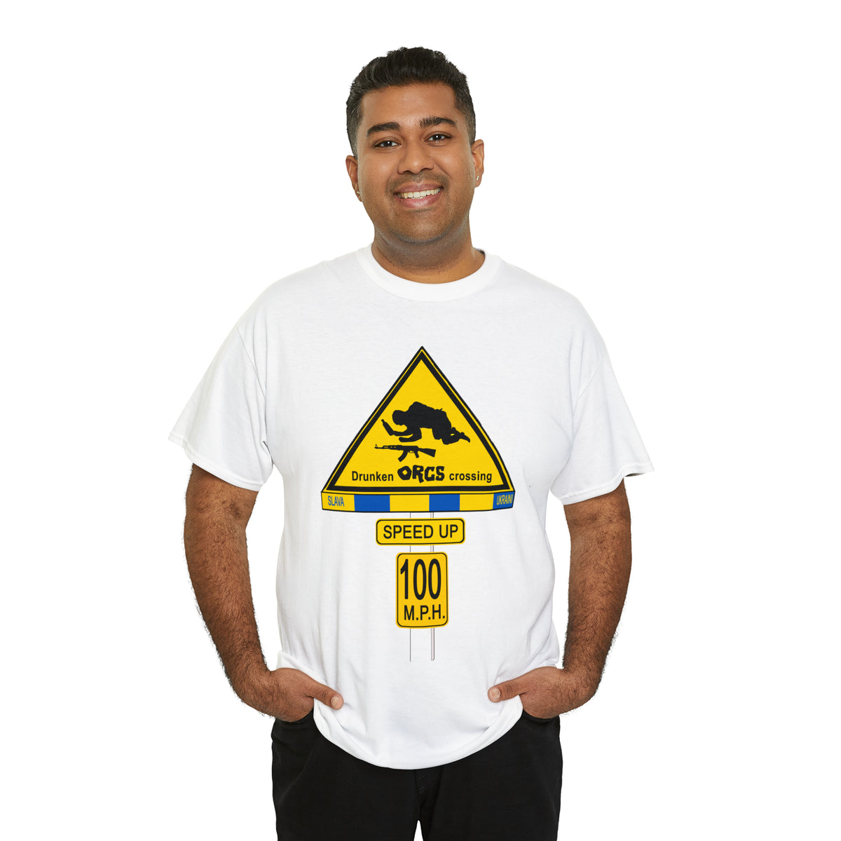 DRU**** ORCS CROSSING ROAD SIGN 100 MPH - Unisex Heavy Cotton Tee - USA