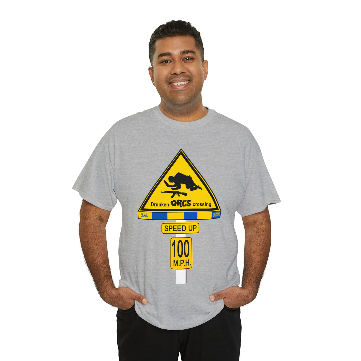 DRU**** ORCS CROSSING ROAD SIGN 100 MPH - Unisex Heavy Cotton Tee - USA