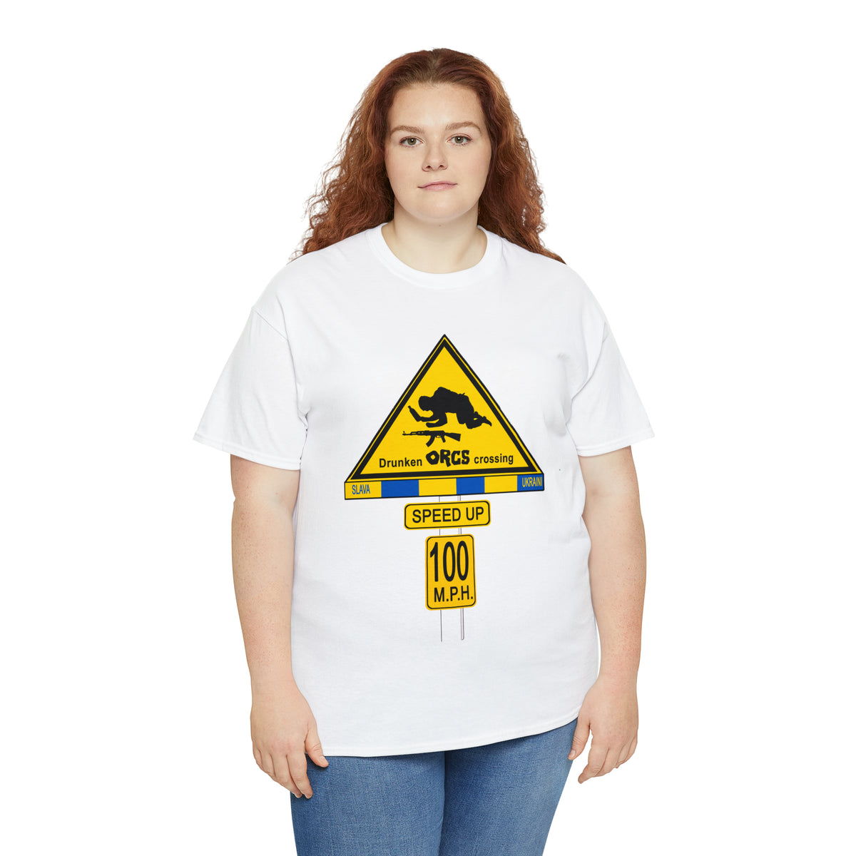 DRU**** ORCS CROSSING ROAD SIGN 100 MPH - Unisex Heavy Cotton Tee - USA