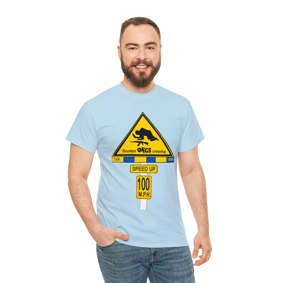 DRU**** ORCS CROSSING ROAD SIGN 100 MPH - Unisex Heavy Cotton Tee - USA