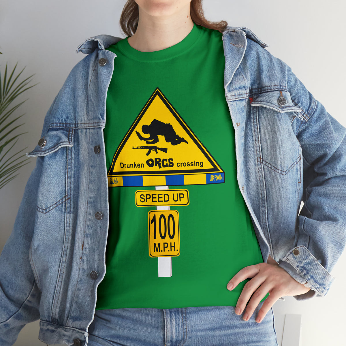 DRU**** ORCS CROSSING ROAD SIGN 100 MPH - Unisex Heavy Cotton Tee - USA