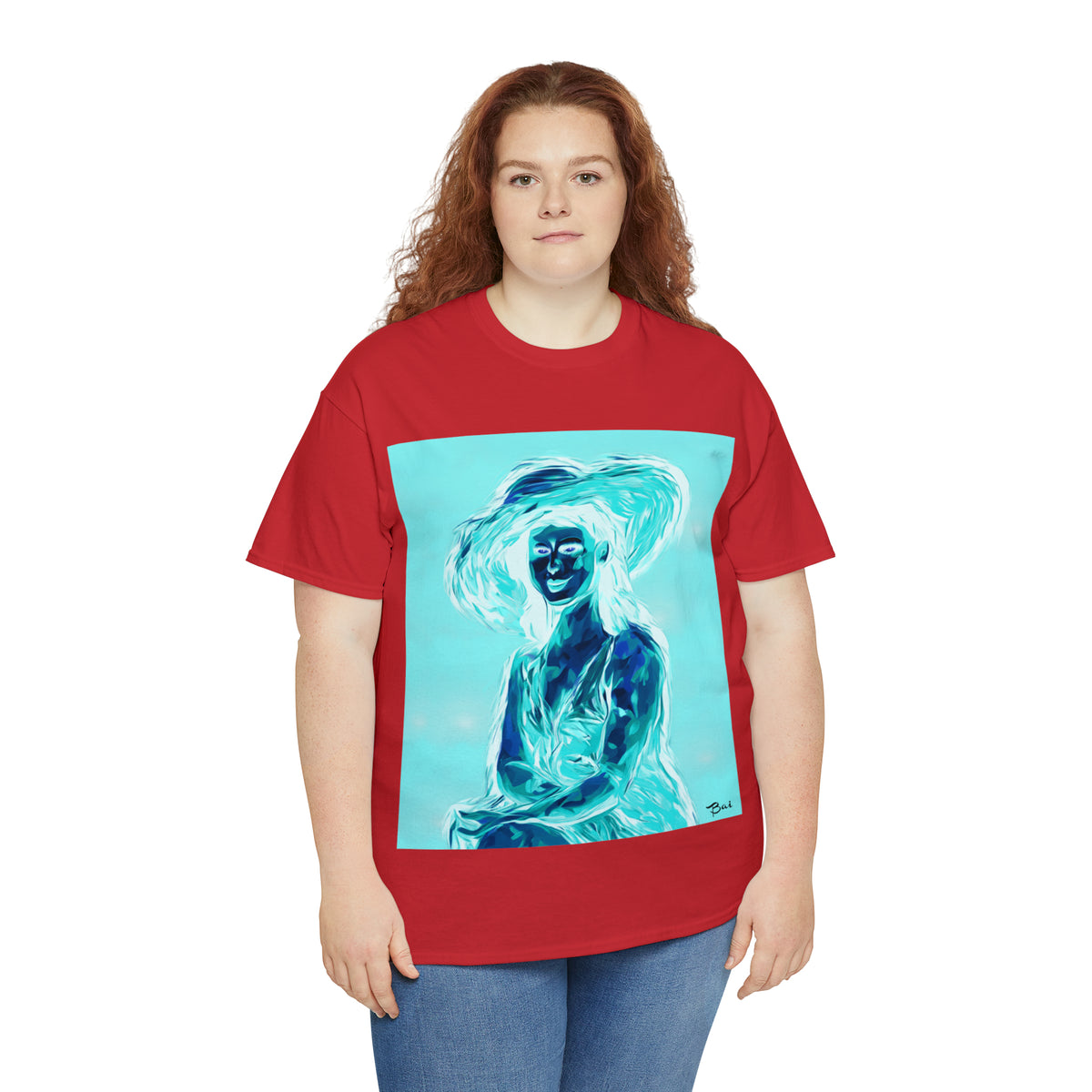 LADY IN SUN HAT (an Inversion in Red) - Airt on a Shirt  - Unisex Heavy Cotton Tee - AUS