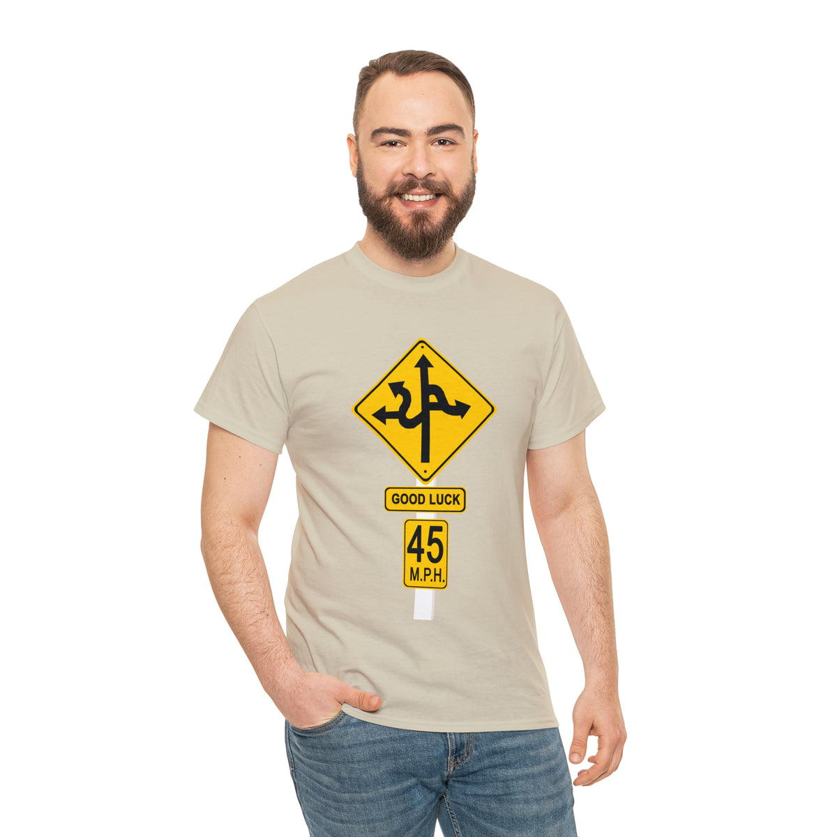 CRAZY FUNNY GOOD LUCK ROAD SIGN 45 MPH - Unisex Heavy Cotton Tee - USA