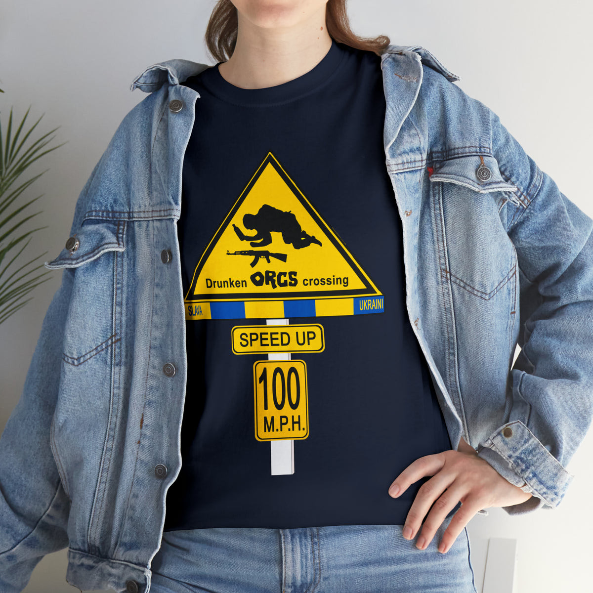 DRU**** ORCS CROSSING ROAD SIGN 100 MPH - Unisex Heavy Cotton Tee - USA