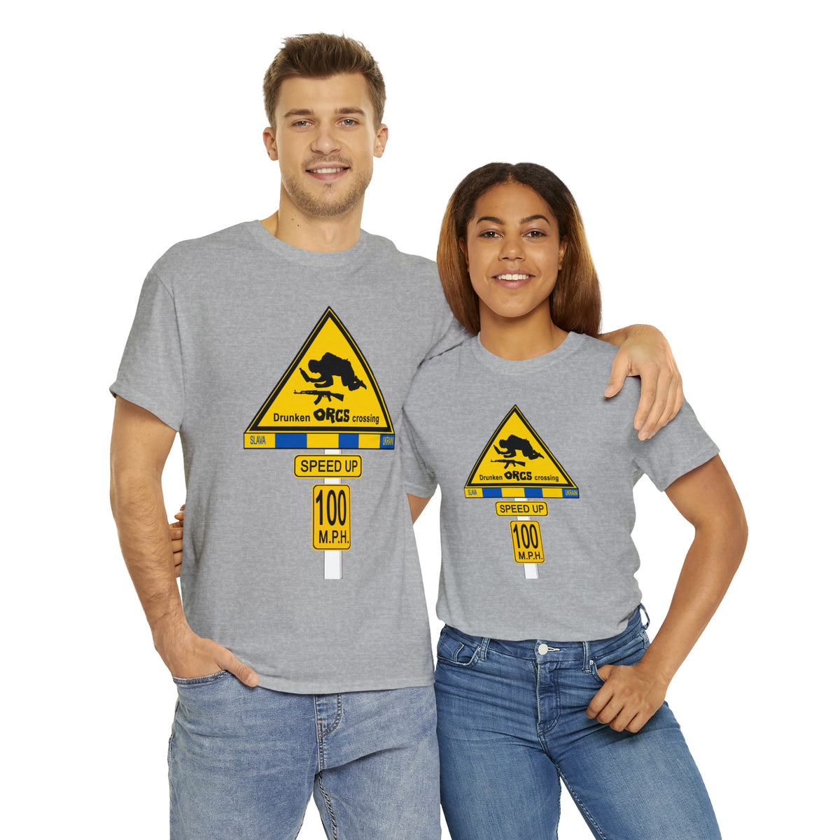 DRU**** ORCS CROSSING ROAD SIGN 100 MPH - Unisex Heavy Cotton Tee - USA