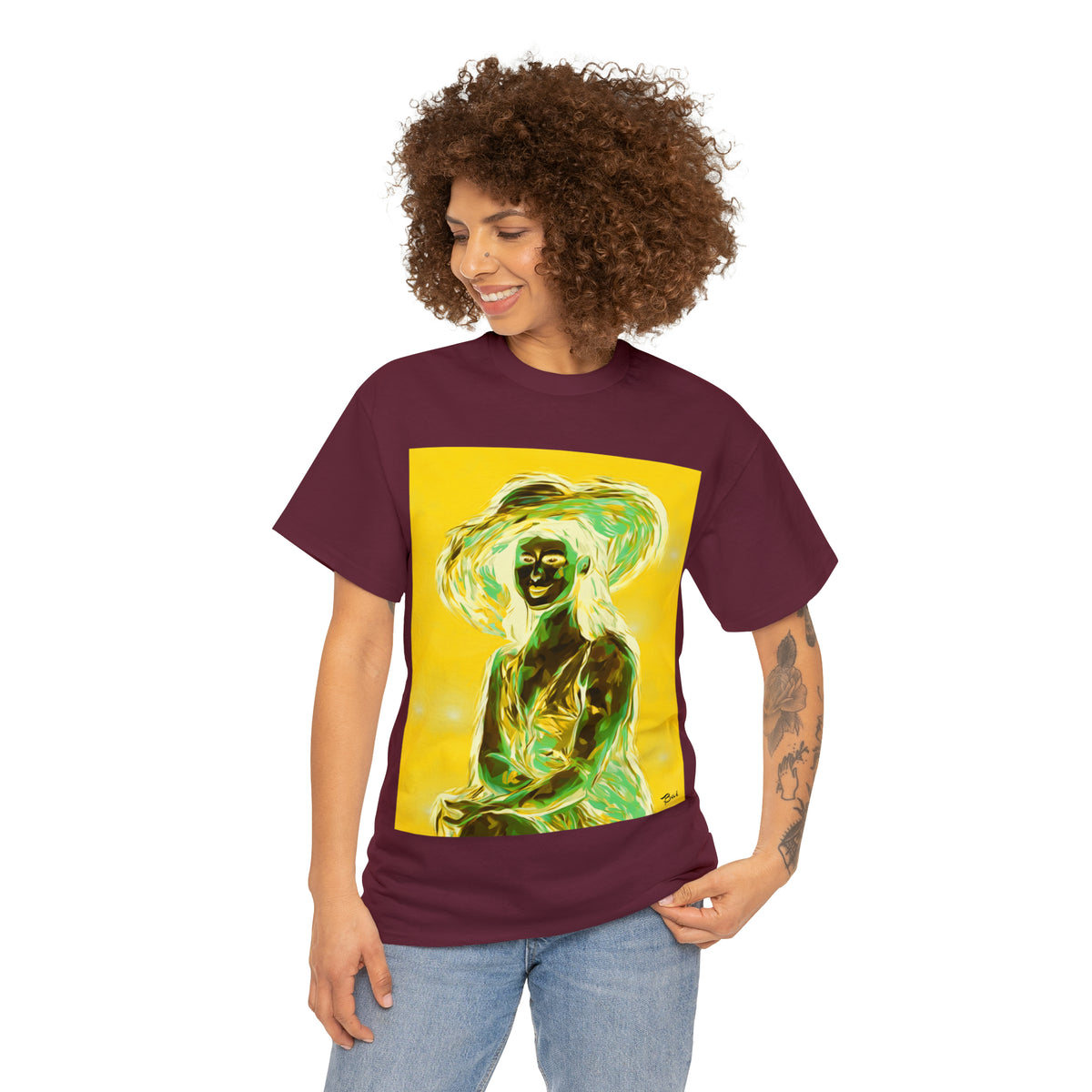 LADY IN SUN HAT (an Inversion in Blue) - Airt on a Shirt  - Unisex Heavy Cotton Tee - AUS