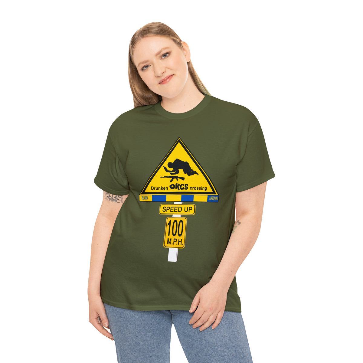 DRU**** ORCS CROSSING ROAD SIGN 100 MPH - Unisex Heavy Cotton Tee - USA