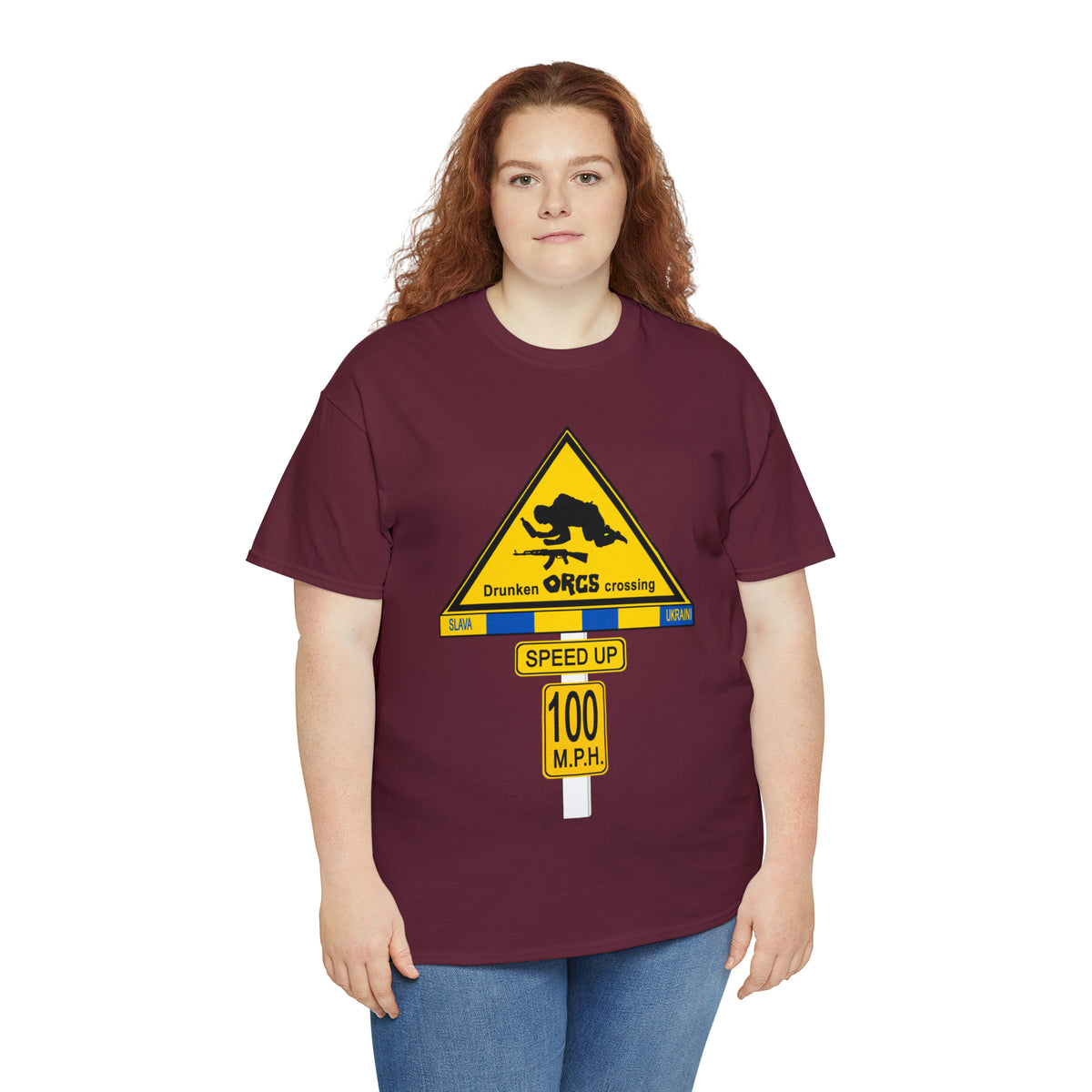 DRU**** ORCS CROSSING ROAD SIGN 100 MPH - Unisex Heavy Cotton Tee - USA