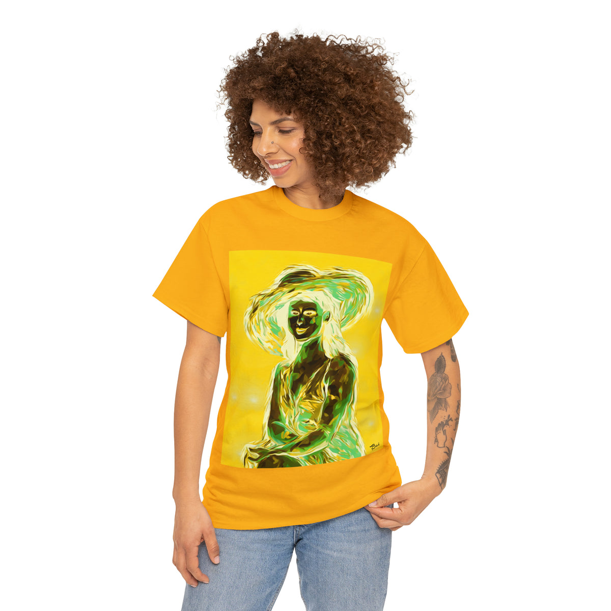LADY IN SUN HAT (an Inversion in Blue) - Airt on a Shirt  - Unisex Heavy Cotton Tee - AUS