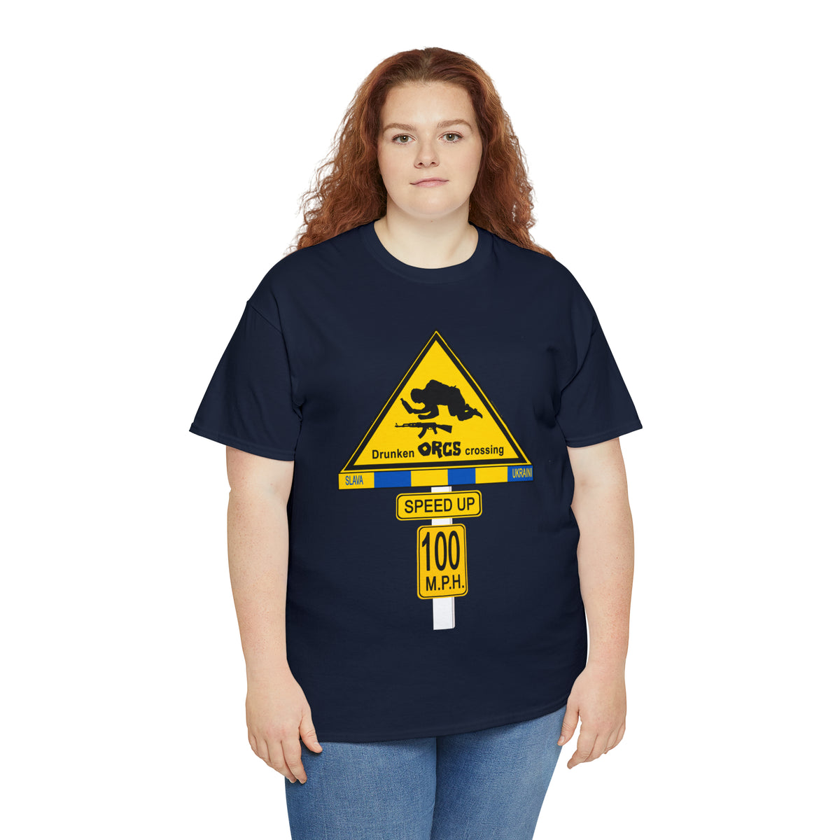 DRU**** ORCS CROSSING ROAD SIGN 100 MPH - Unisex Heavy Cotton Tee - USA
