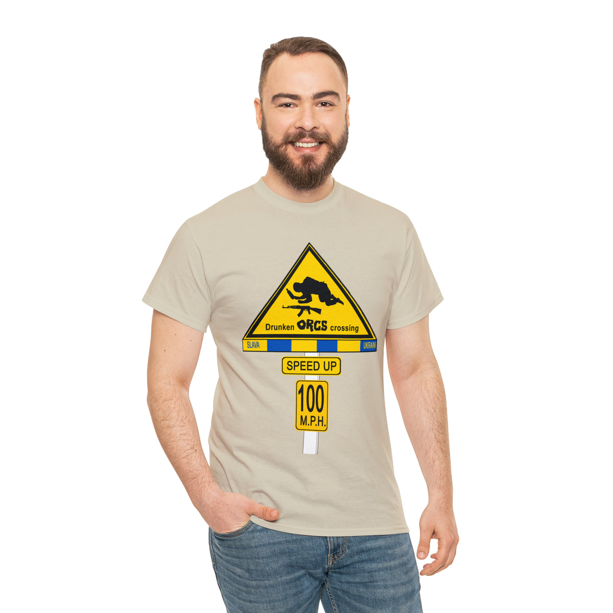 DRU**** ORCS CROSSING ROAD SIGN 100 MPH - Unisex Heavy Cotton Tee - USA