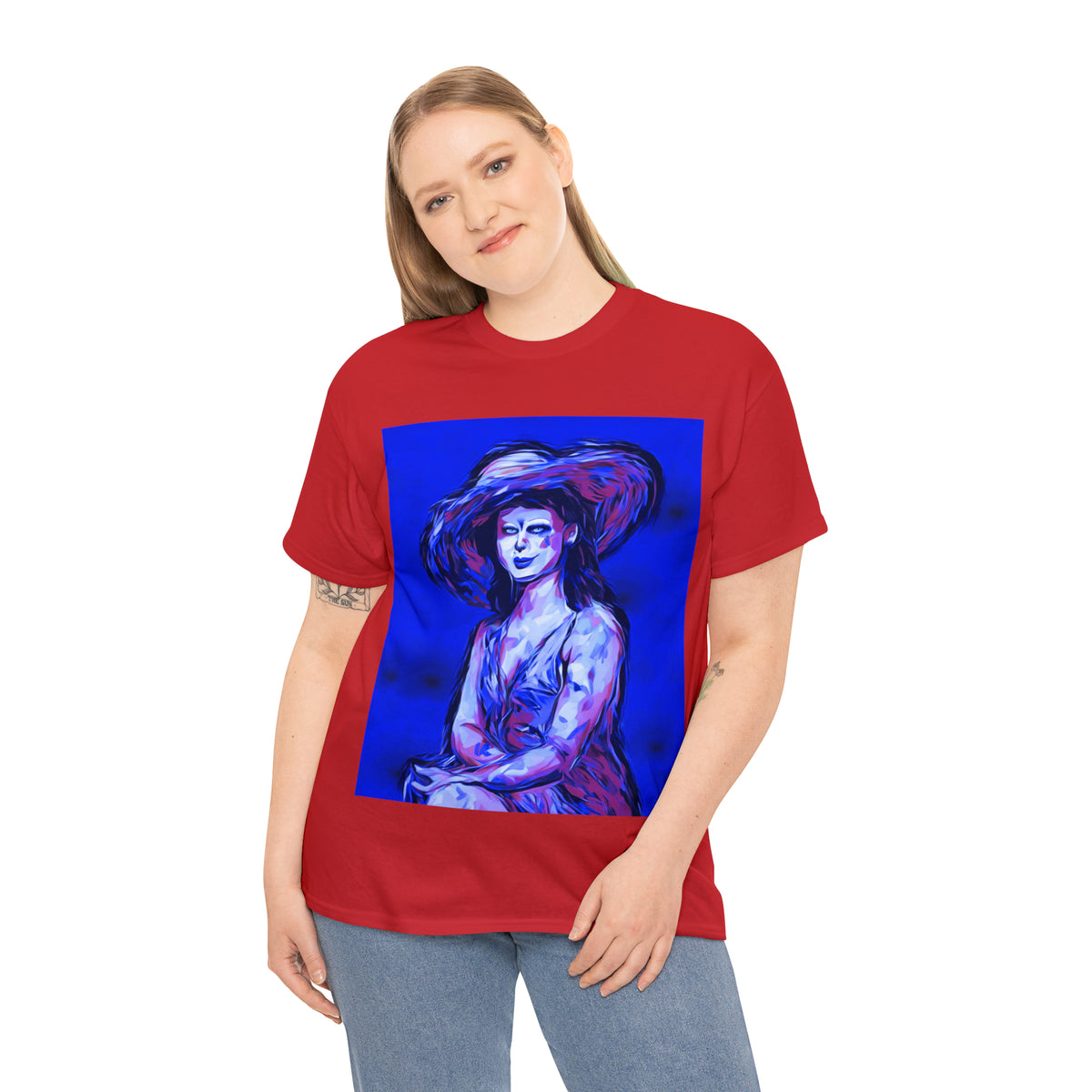 LADY IN SUN HAT (Blue) - Airt on a Shirt  - Unisex Heavy Cotton Tee - AUS
