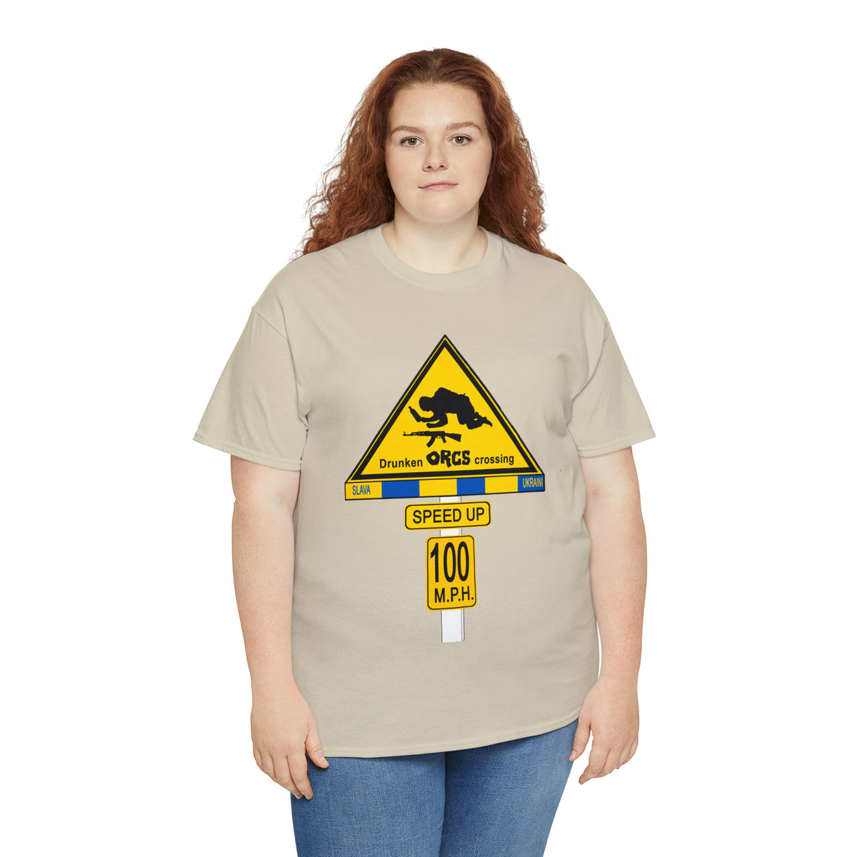 DRU**** ORCS CROSSING ROAD SIGN 100 MPH - Unisex Heavy Cotton Tee - USA