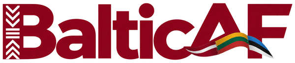 BalticAF burgundy landscape wordmark with white Latvian motif and sewn ribbon of Latvian Lithuanian and Estonian colours